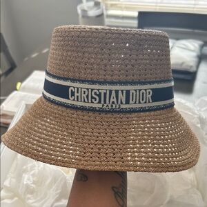 Dior Tan Woven Hat with Navy Band w/ box